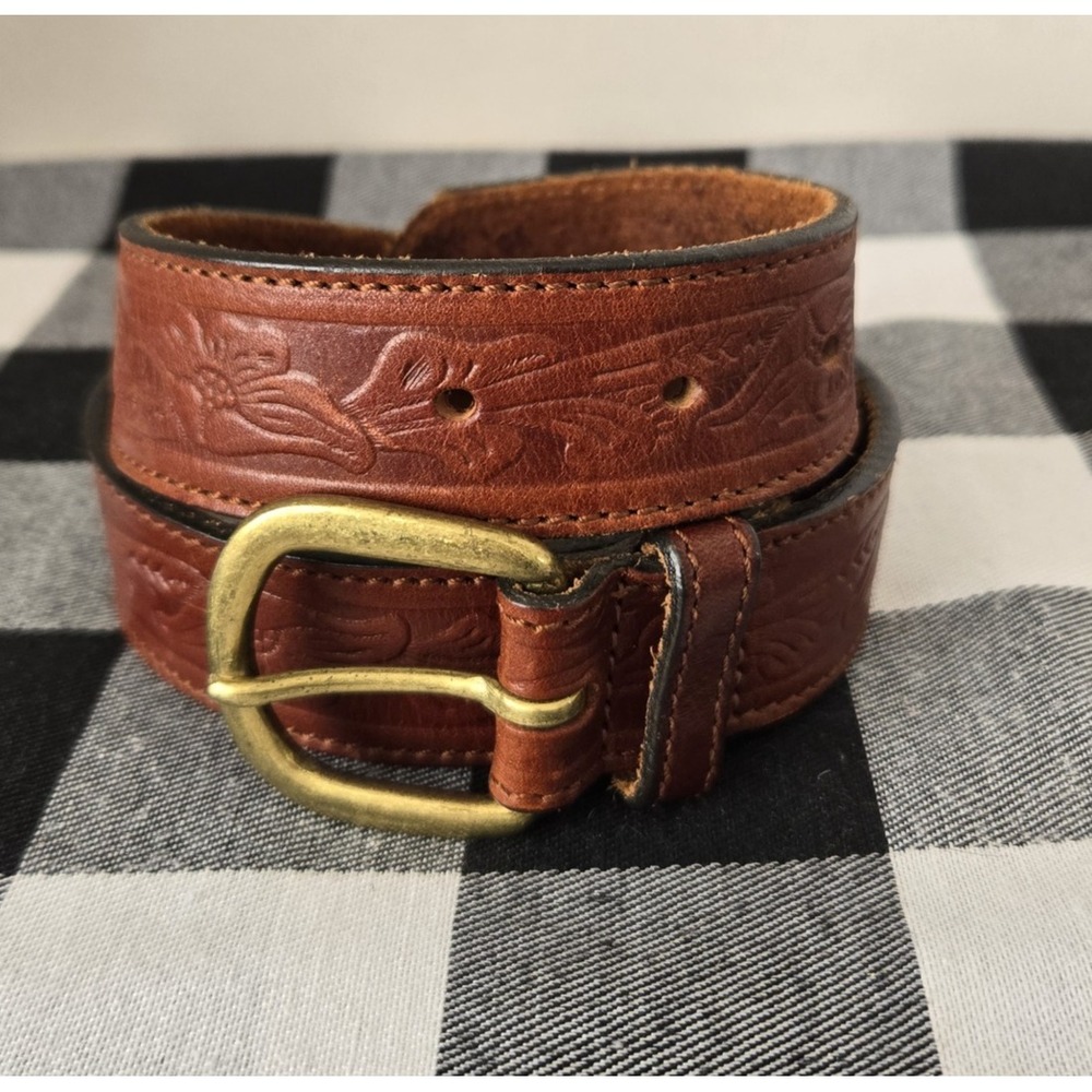 USA Made Western Tooled Brown Leather Belt Unisex Brass Buckle Fits 24" - 27"